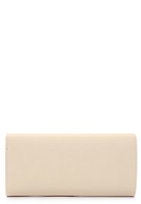 Beige läderplånbok med mjuk textur, rektangulär form och rena linjer. Inkluderar subtila sömdetaljer längs kanterna.
