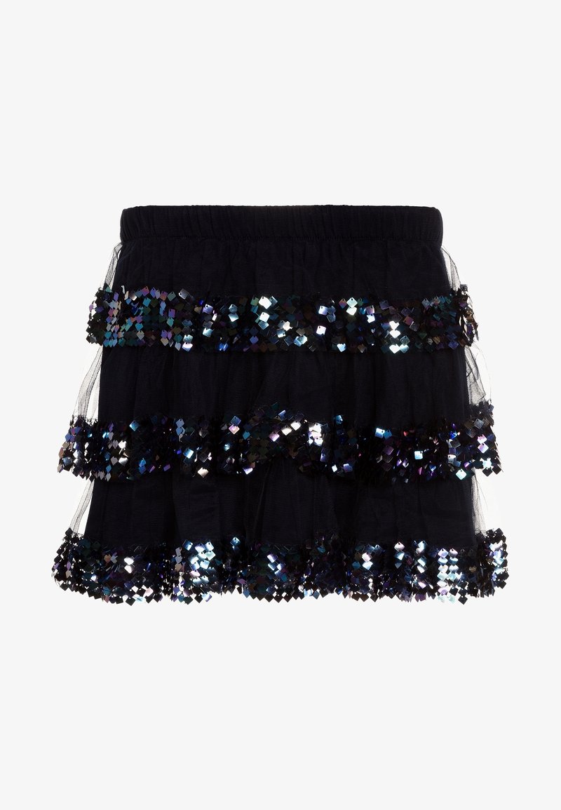 Jupe noire à plusieurs couches avec des accents en tulle et en sequins. Elle présente trois niveaux avec des sequins carrés brillants et réfléchissants le long des bords.