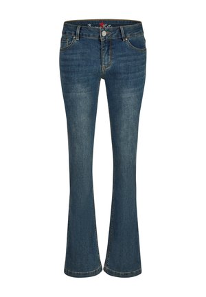 Blaue Jeans mit leicht ausgestelltem Bein am unteren Saum, vorderen Taschen, Gürtelschlaufen und Knopfverschluss.