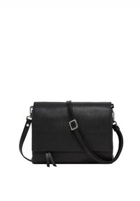 Borsa a tracolla nera in pelle con finitura testurizzata, forma rettangolare, tracolla regolabile e un piccolo dettaglio con frange. Accenti in metallo.
