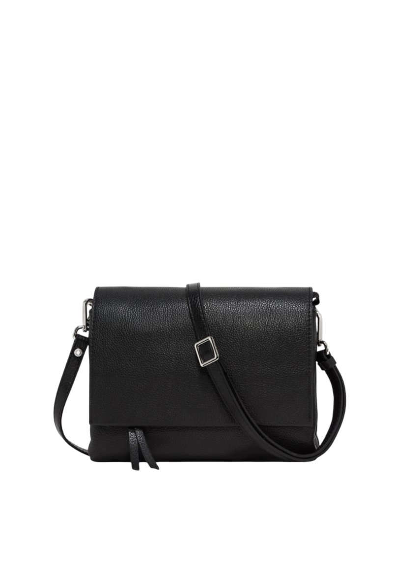 Borsa a tracolla nera in pelle con finitura testurizzata, forma rettangolare, tracolla regolabile e un piccolo dettaglio con frange. Accenti in metallo.