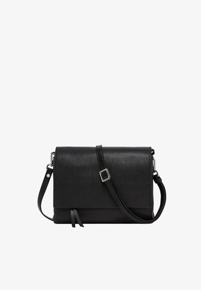 Borsa a tracolla nera in pelle con finitura testurizzata, forma rettangolare, tracolla regolabile e un piccolo dettaglio con frange. Accenti in metallo.