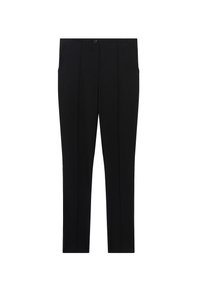 Pantalones negros a medida, con frente plano, dos bolsillos laterales y cierre de botón. Tejido suave con un diseño de pierna recta.