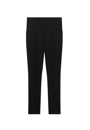 Pantalons noirs sur mesure, avec un devant plat, deux poches latérales et une fermeture à bouton. Tissu lisse avec un design à jambe droite.