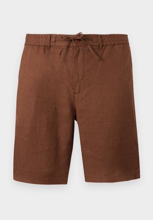 Shorts bruns longueur genou avec une ceinture élastique et un lien à l'avant, fabriqués en tissu léger.