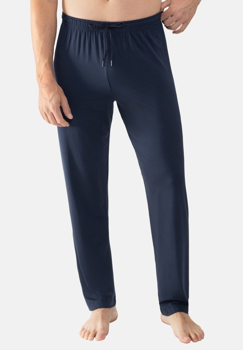 Marinblå, lätta loungebyxor av mjukt tyg med elastisk midja och dragsko samt rak bendesign.