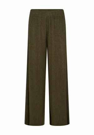 Wide-leg pants in olive green ribbed fabric, featuring an elastic waistband. The texture is soft with a subtle vertical pattern.