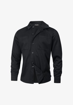 Cămașă neagră cu mânecă lungă, dotată cu guler, două buzunare frontale și închidere cu nasturi. Fabricată dintr-un material texturat, cu o croială lejeră.