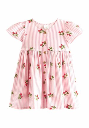 Pink and white striped short-sleeve toddler dress with red strawberry print and brown buttons down the front.