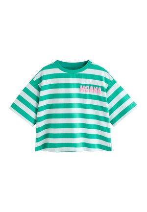 Grøn og hvid kortærmet t-shirt med vandrette striber og "MOANA" i pink bogstaver på brystet.