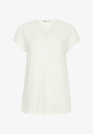 Witte blouse met korte mouwen en V-hals, voorzien van kanten bies langs de hals en schouders, losse pasvorm en gemaakt van katoen.