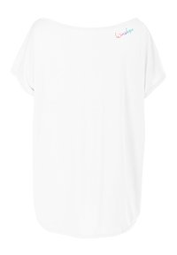 White oversized T-shirt with short sleeves, rounded hem, and a colorful "Winshape" logo on the left shoulder. Soft, smooth texture.