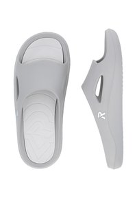 Sandales à enfiler grises en matériau flexible, dotées d'une semelle intérieure texturée blanche et d'un petit logo sur le côté extérieur, au design ergonomique.