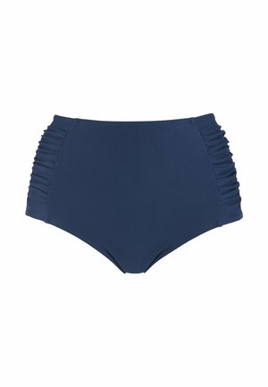 Högmidjad baddräkt med navyblå färg. Har rynkade sidopaneler och en slät yta. Klassisk design med en silhuett som ger fullt täckande.