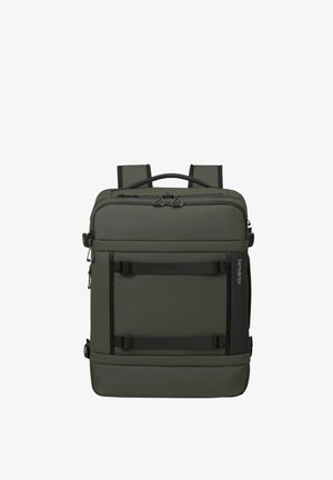 Dark green rectangular backpack with multiple zippered compartments, adjustable straps, and a top handle, branded Samsonite on the side.