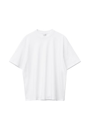 Plain white short-sleeve crew neck T-shirt with a relaxed, slightly oversized fit on a white background.