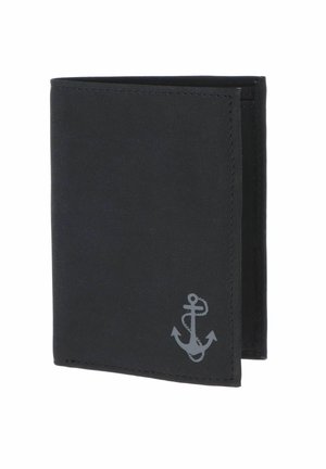 Black bi-fold wallet with a grey anchor symbol printed near the bottom right corner, shown slightly open on a white background.