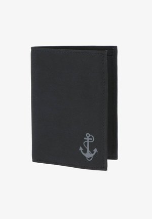 Black bi-fold wallet with a grey anchor symbol printed near the bottom right corner, shown slightly open on a white background.