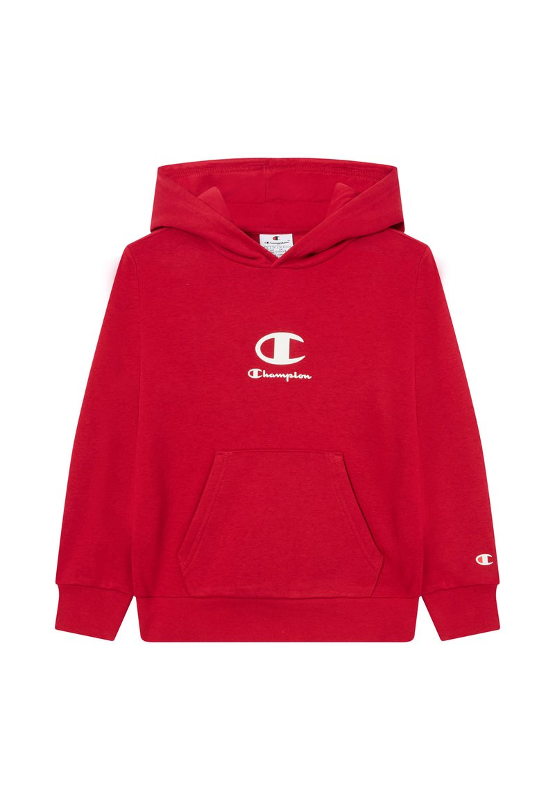 Felpa rossa Champion con tasca frontale, logo bianco Champion centrato sul petto e piccolo logo sul polsino sinistro della manica.