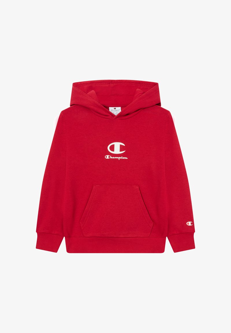 Sudadera roja de Champion con bolsillo frontal, logo blanco de Champion centrado en el pecho y pequeño logo en el puño de la manga izquierda.