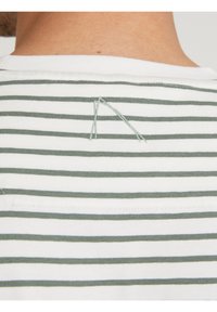 T-shirt bianco con strisce orizzontali verdi, con un piccolo dettaglio di filo di cucitura visibile vicino al collo sul retro.
