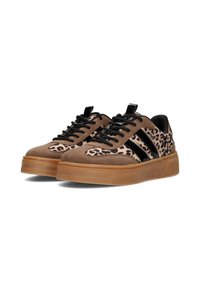 Brown suede sneakers with leopard print panels, black accents, and flat black laces. Thick gum sole and rounded toe design.