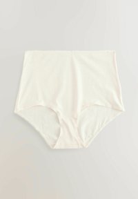 Högmidjade beige underkläder i mjuk bomull, med en slät yta och delikat spetsdetalj längs midjebandet och benöppningarna.
