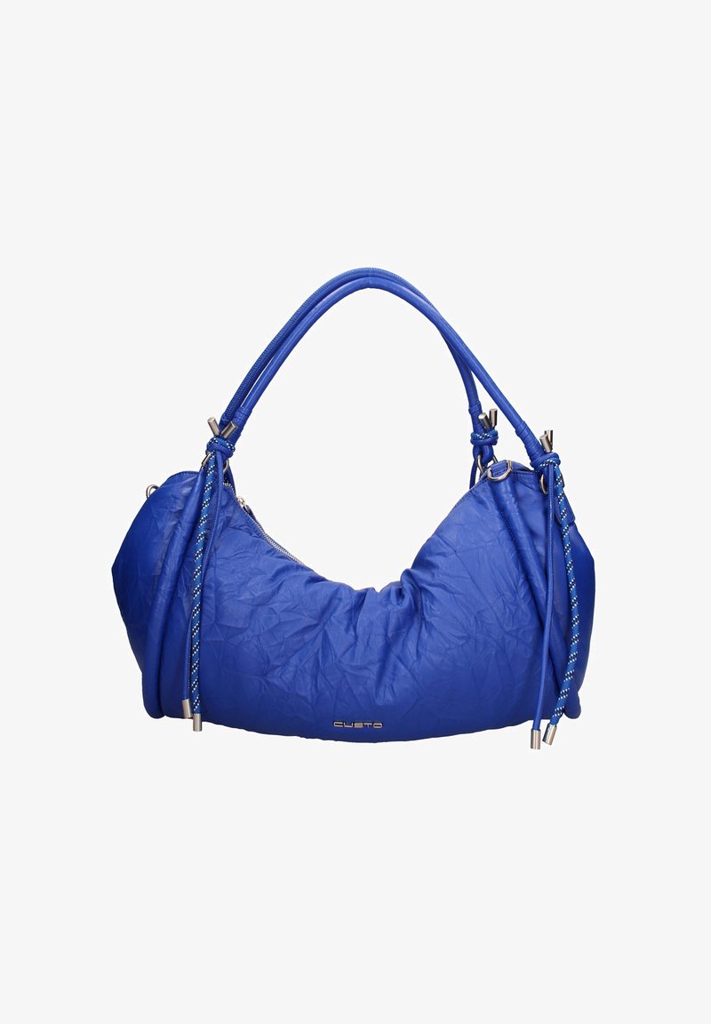Borsa a pochette blu con una texture arricciata, forma curvata e doppio manico. Presenta accessori in metallo e accenti decorativi intrecciati.
