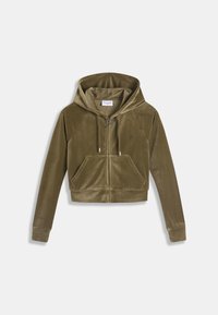 Krémzöld, rövidített fazonú, velúr anyagú cipzáros kapucnis pulóver, elülső zsebbel és zsinórral állítható kapucnival. Mellrészen hímzett logóval.