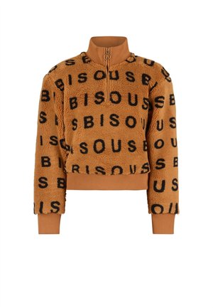 Pull en polaire marron avec texte noir "BISOUS", col avec fermeture éclair à moitié, tirette anneau, poignets et ceinture côtelés.