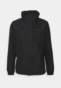 Veste imperméable noire à capuche avec fermeture éclair frontale, poignets élastiques et logo Jack Wolfskin sur la poitrine gauche.