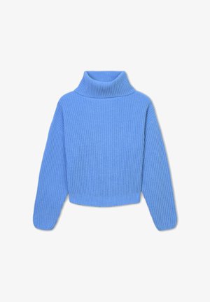 Pullover blu lavorato a maglia con collo alto, lunghezza cropped, texture a costine, maniche larghe e un ampio colletto a costine.