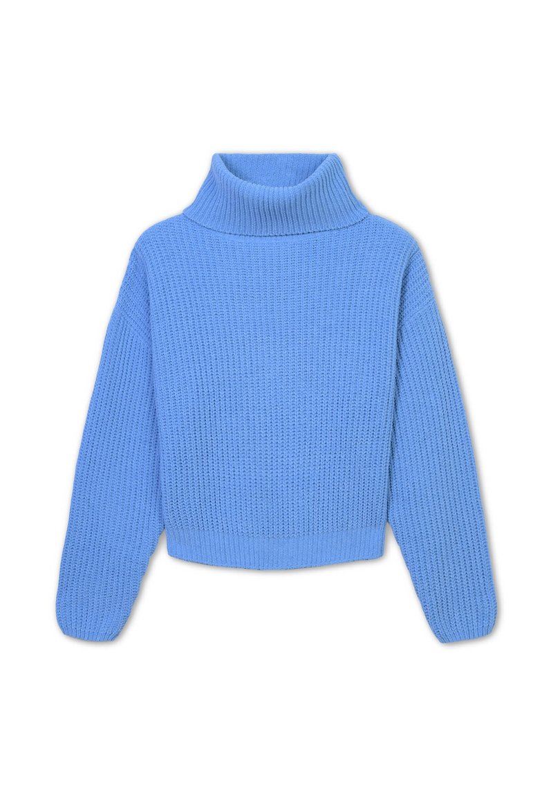 Blauer gestrickter Rollkragenpullover, kürzere Länge, gerippte Textur, weite Ärmel und ein dicker gerippter Kragen.