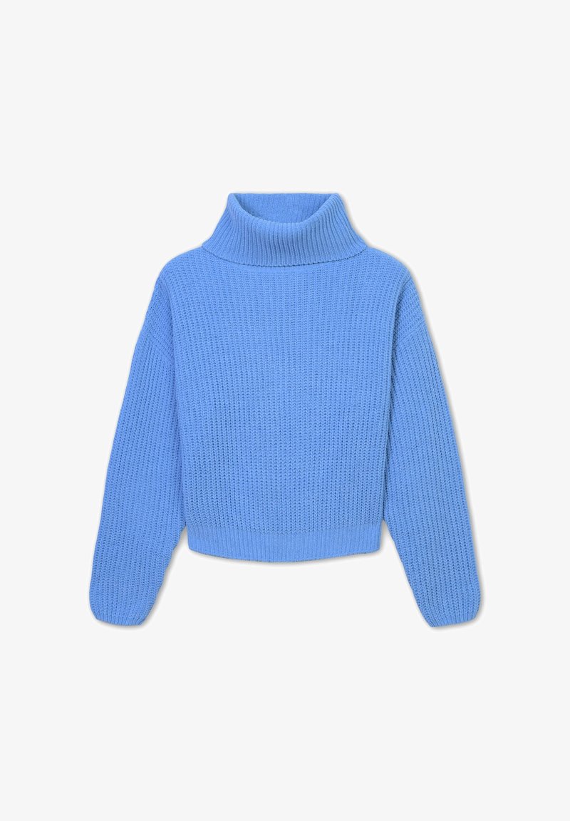 Blauer gestrickter Rollkragenpullover, kürzere Länge, gerippte Textur, weite Ärmel und ein dicker gerippter Kragen.