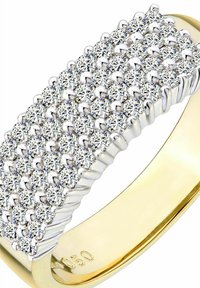 Zelta un sudraba gredzens ar kvadrātveida augšu, kas rotāta ar vairākiem caurspīdīgiem, apaļiem kristāliem, sakārtotiem grupās.