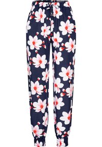 Pantaloni jogger floreali di colore blu navy, con grandi fiori rosa e bianchi. Vita elastica con cordoncino e caviglie aderenti per una vestibilità rilassata.