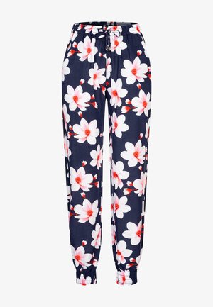 Pantaloni jogger floral în nuanța navy, cu flori mari roz și albe. Talie elastică cu șnur și glezne manșonate pentru o potrivire lejeră.