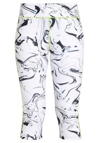 White athletic leggings with a black marble pattern, featuring a contrasting neon green trim along the seams and waistband.