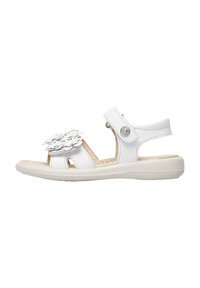 Bílé kožené sandály s květinovými prvky, nastavitelným páskem, otevřenou špičkou a texturovanou gumovou podrážkou pro dobrý grip. Vhodné pro volnočasové nošení.