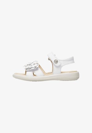 Sandal de cuero blanco con acentos florales, correa ajustable, punta abierta y suela de goma texturizada para un mejor agarre. Adecuado para uso casual.