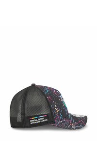 Black cap featuring a speckled design in blue, pink, and yellow; mesh back and bill; label reads "CRUCIAL CATCH INTERCEPT CANCER."