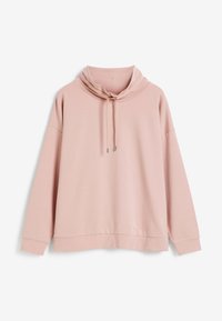 Sudadera oversized de color rosa claro con cuello tipo cowl y cordón; manga larga y un corte relajado, sobre un fondo blanco.