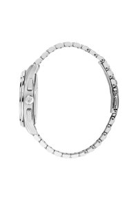 Orologio in acciaio inox argentato con cassa rotonda, bracciale a maglie, pulsanti texture e una corona sul lato, che mette in mostra una finitura lucida.