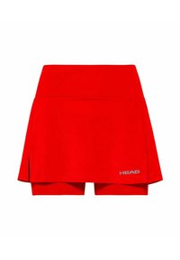 Falda atlética roja con pantalones cortos incorporados, hecha de un tejido suave. Presenta un diseño acampanado, aberturas laterales y un logo gris en el dobladillo.