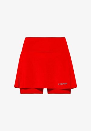 Gonna sportiva rossa con pantaloni integrati, realizzata in tessuto liscio. Presenta un design svasato, spacchi laterali e un logo grigio sull'orlo.