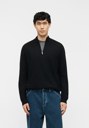 Bărbat tânăr cu păr scurt și creț, purtând un pulover negru cu fermoar scurt peste o cămașă gri și blugi albaștri, stând în picioare pe un fundal alb simplu.