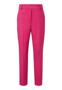Roze op maat gemaakte broeken met rechte pijpen, met een flat front, ceintuurlussen en geen zichtbare zakken. Gladde textuur en gestructureerd ontwerp.