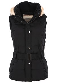 Czarna bezrękawnikowa kamizelka z wypełnieniem, z kapturem wyłożonym futrem, z przodu na zatrzaski oraz z regulowanym paskiem w talii, zaprojektowana na zimne warunki.