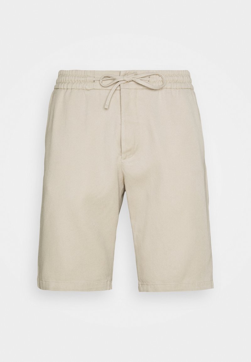 Beige katoenen shorts met een elastische tailleband, trekkoordsluiting en zijzakken. Glad textuur, knielange ontwerp.
