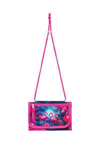 Borsa a tracolla in canvas con una vivace stampa di fenicotteri rosa su uno sfondo scuro, tracolla rosa brillante, scomparti con zip e design pieghevole.